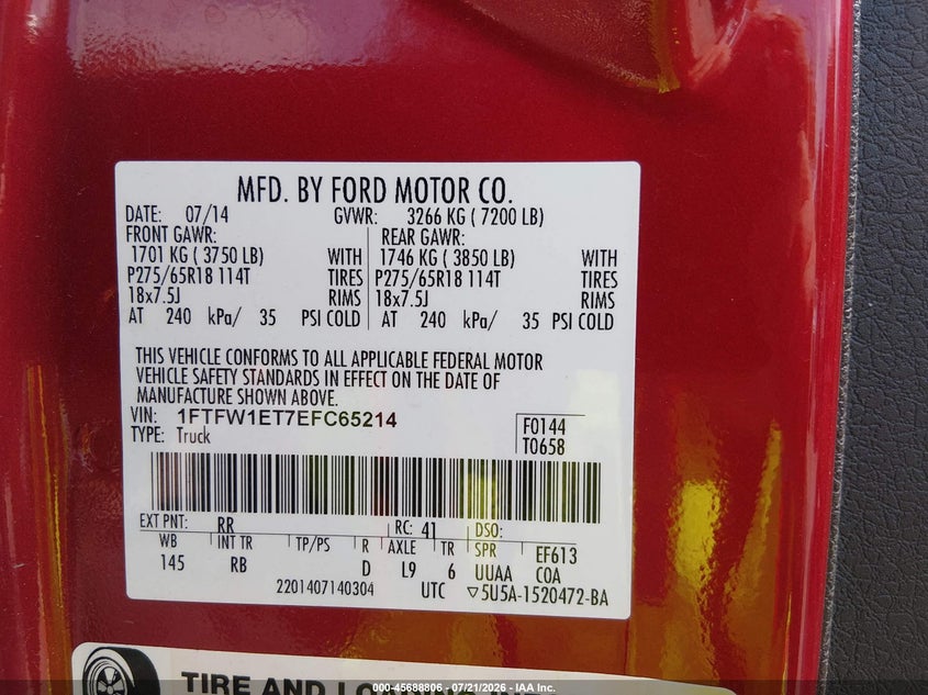 2014 Ford F-150 Fx4 VIN: 1FTFW1ET7EFC65214 Lot: 45688806