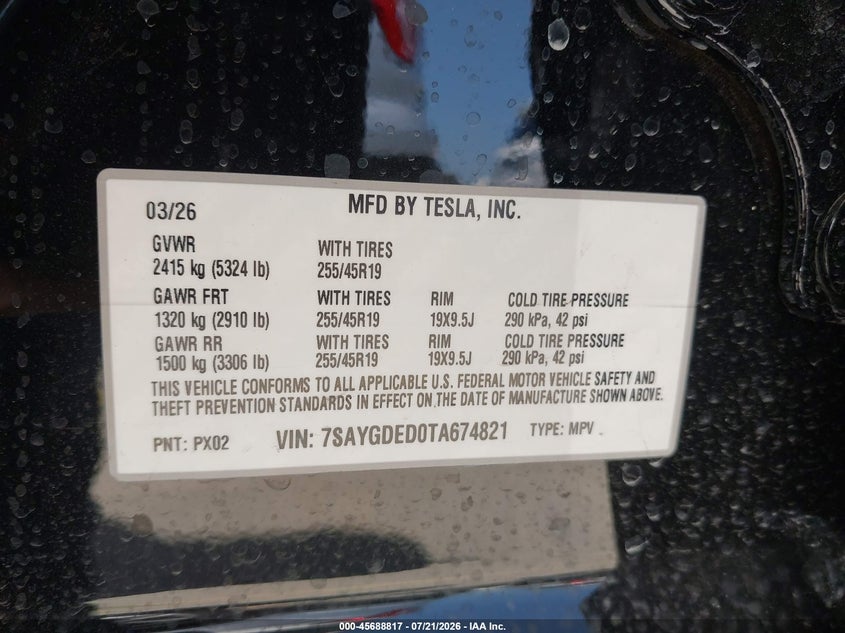 2026 Tesla Model Y Premium Rear-Wheel Drive/Rear-Wheel Drive VIN: 7SAYGDED0TA674821 Lot: 45688817