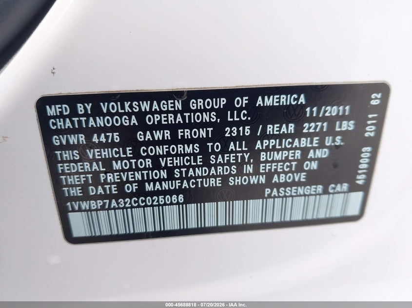 2012 Volkswagen Passat 2.5L Se VIN: 1VWBP7A32CC025066 Lot: 45688818
