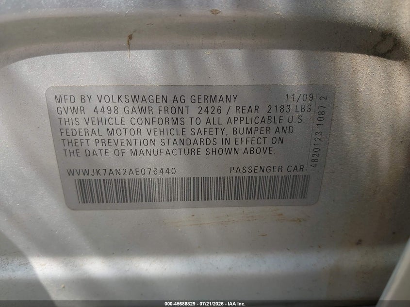 2010 Volkswagen Passat Komfort VIN: WVWJK7AN2AE076440 Lot: 45688829