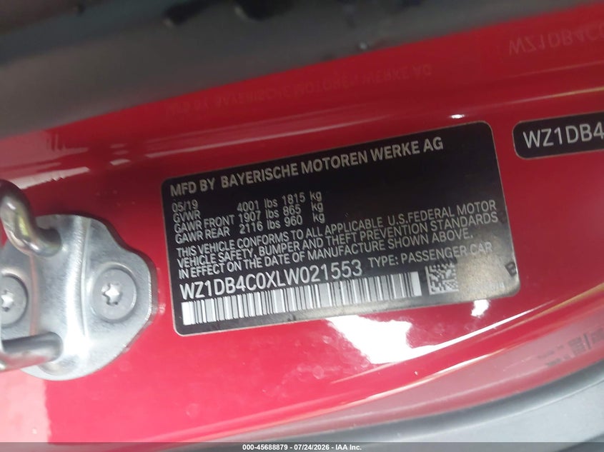 TOYOTA GR SUPRA 2020 VIN WZ1DB4C0XLW021553