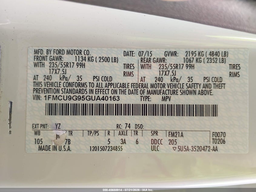 2016 Ford Escape Se VIN: 1FMCU9G95GUA40163 Lot: 45688914