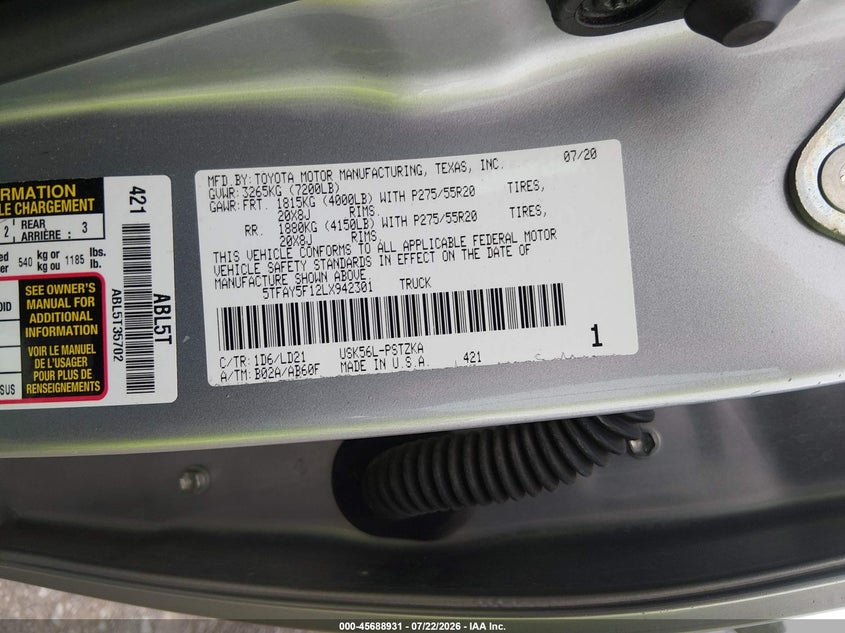 TOYOTA TUNDRA 2020 VIN 5TFAY5F12LX942301