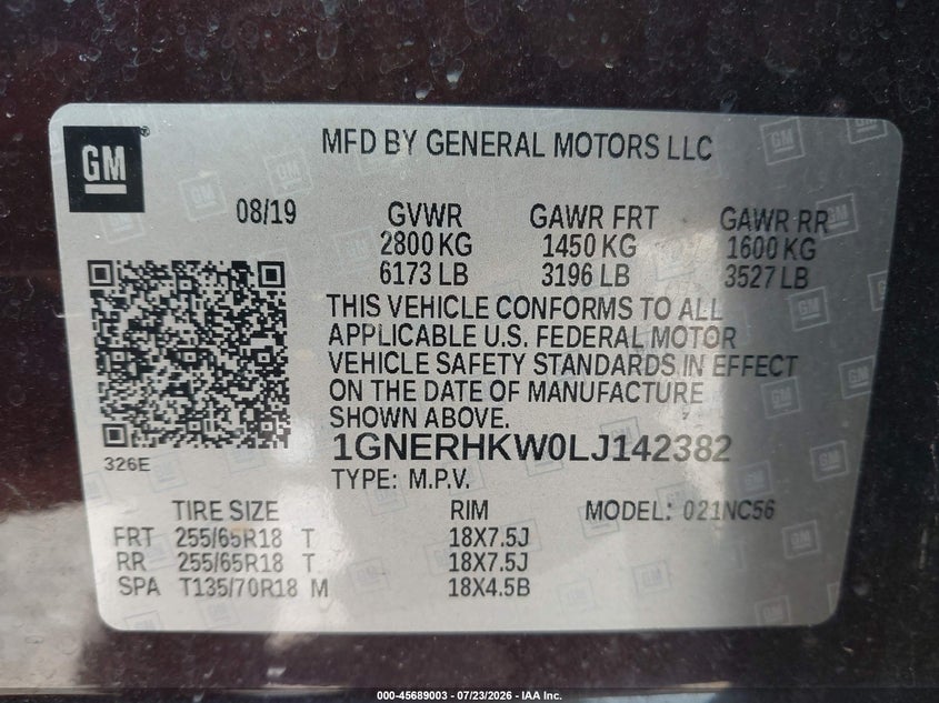 CHEVROLET TRAVERSE 2020 VIN 1GNERHKW0LJ142382