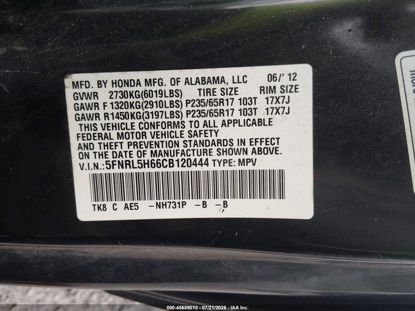 2012 Honda Odyssey Ex-L VIN: 5FNRL5H66CB120444 Lot: 45689010