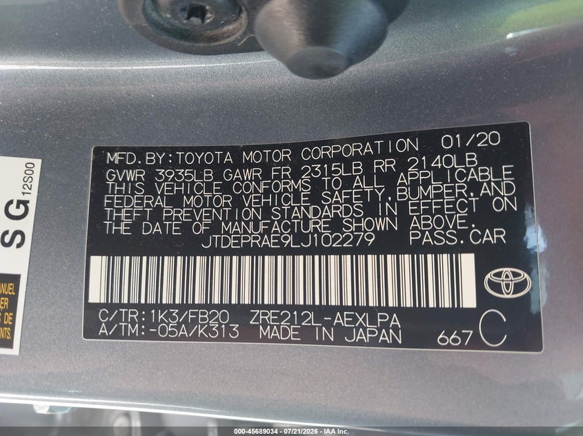 2020 Toyota Corolla Le VIN: JTDEPRAE9LJ102279 Lot: 45689034