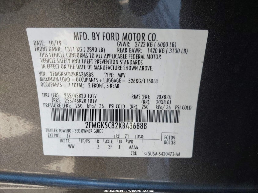 2019 Ford Flex Sel VIN: 2FMGK5C82KBA36888 Lot: 45689049