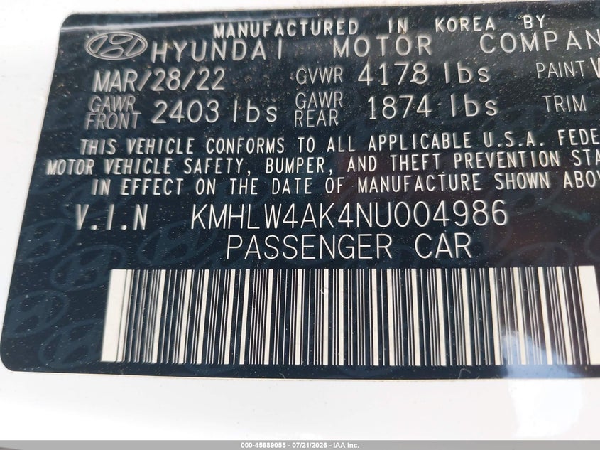 2022 Hyundai Elantra N VIN: KMHLW4AK4NU004986 Lot: 45689055