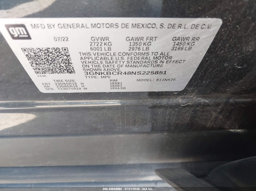 2022 Chevrolet Blazer Fwd 2Lt VIN: 3GNKBCR48NS225851 Lot: 45689090