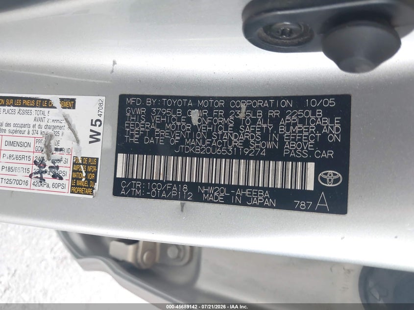 2005 Toyota Prius VIN: JTDKB20U653119274 Lot: 45689142