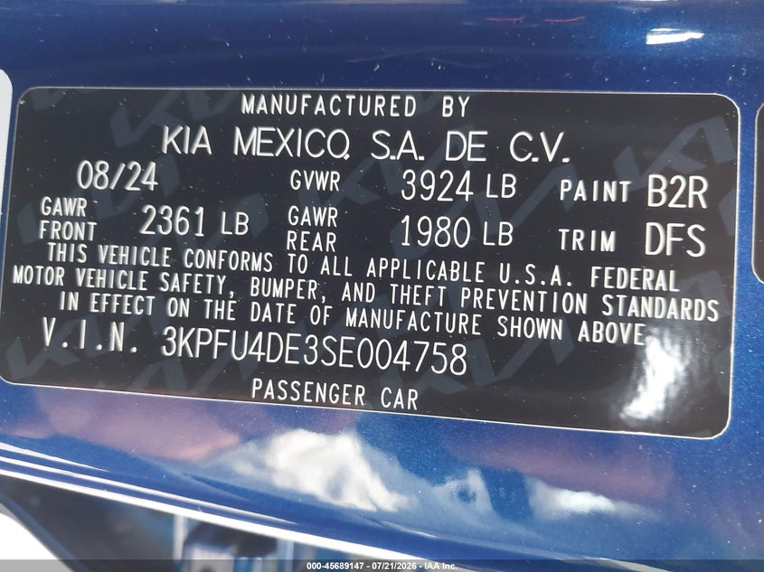 2025 Kia K4 Ex VIN: 3KPFU4DE3SE004758 Lot: 45689147