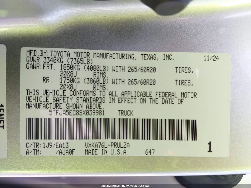 2025 Toyota Tundra Limited VIN: 5TFJA5EC8SX039981 Lot: 45689150
