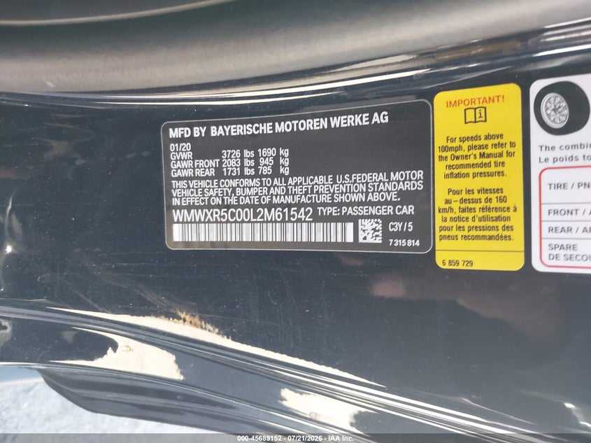 2020 Mini Hardtop Cooper S VIN: WMWXR5C00L2M61542 Lot: 45689152