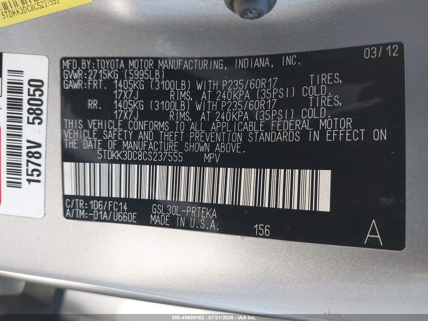 2012 Toyota Sienna Le V6 8 Passenger VIN: 5TDKK3DC8CS237555 Lot: 45689162