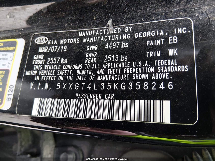 2019 Kia Optima Lx VIN: 5XXGT4L35KG358246 Lot: 45689169