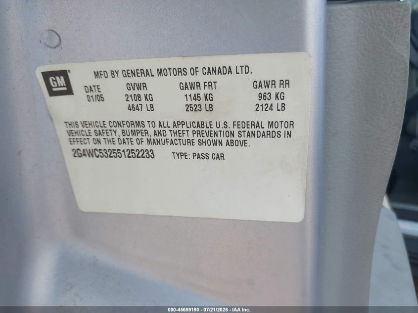 2005 Buick Lacrosse Cx VIN: 2G4WC532551252233 Lot: 45689190