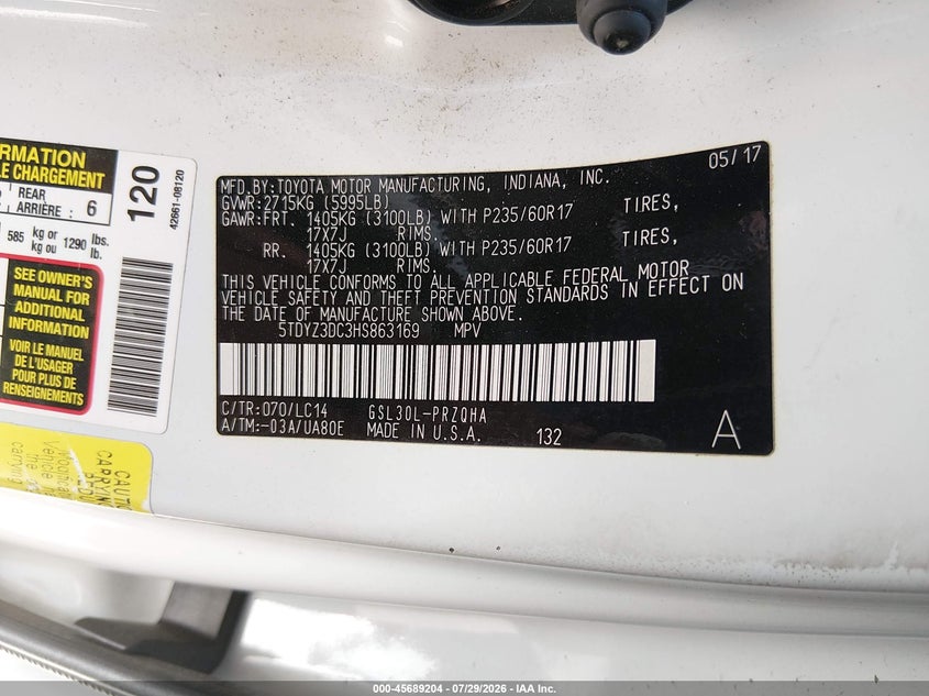 2017 TOYOTA SIENNA VAN 3.5L V-6 DI, DOHC, VVT, 296HP