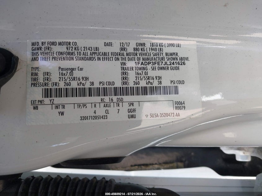 2018 Ford Focus Se VIN: 1FADP3FE7JL241626 Lot: 45689214