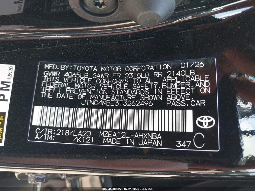 2026 Toyota Corolla Xse VIN: JTNC4MBE3T3262496 Lot: 45689222