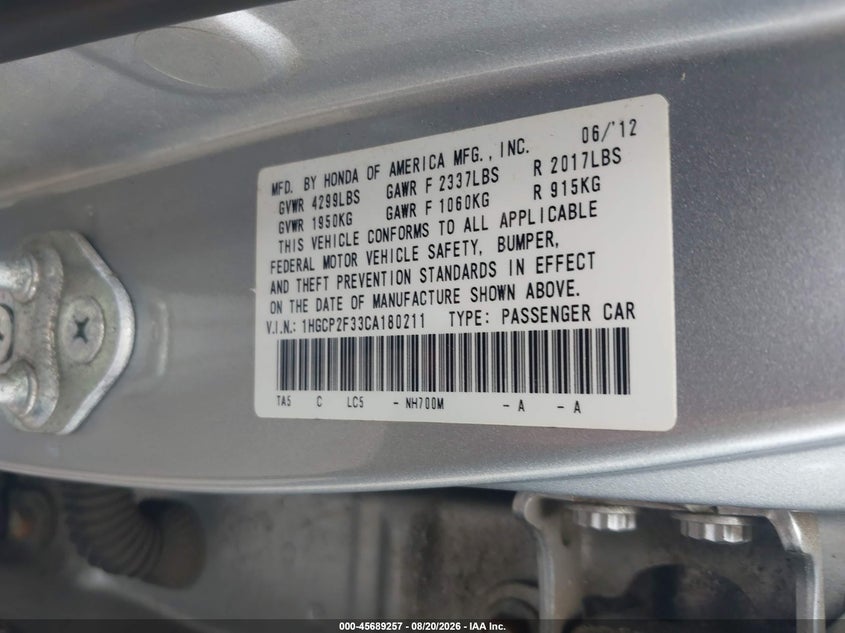 2012 HONDA ACCORD SEDAN 2.4L I-4 DOHC, VVT, 177HP