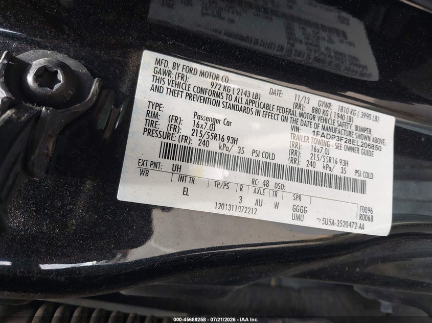 2014 Ford Focus Se VIN: 1FADP3F28EL206850 Lot: 45689258