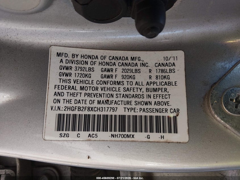 2012 Honda Civic Ex VIN: 2HGFB2F8XCH317797 Lot: 45689298