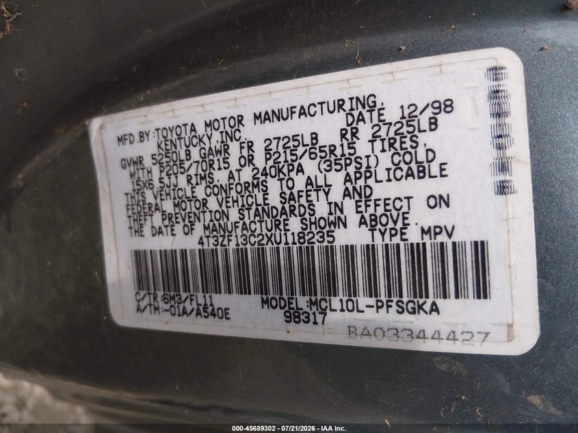 1999 Toyota Sienna Le VIN: 4T3ZF13C2XU118235 Lot: 45689302