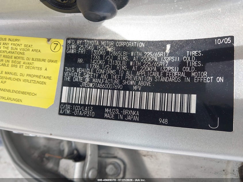 2006 Toyota Highlander Hybrid Limited V6 VIN: JTEDW21A860007690 Lot: 45689378