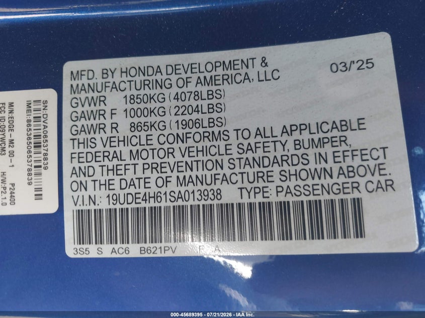 2025 Acura Integra A-Spec Technology VIN: 19UDE4H61SA013938 Lot: 45689395