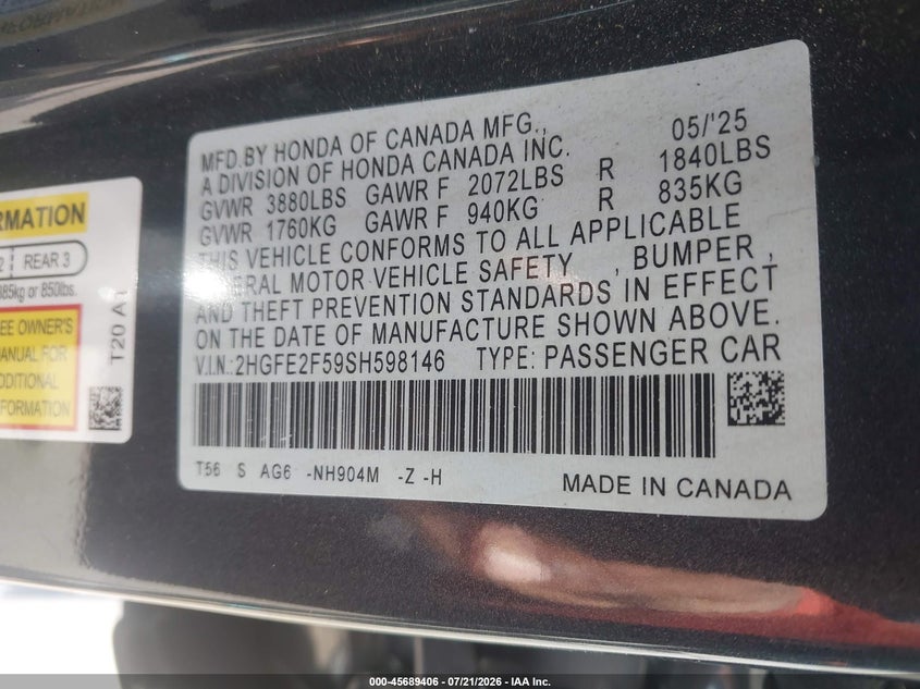 2025 Honda Civic Sport VIN: 2HGFE2F59SH598146 Lot: 45689406