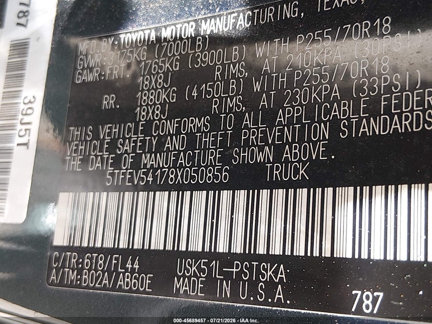 2008 Toyota Tundra Sr5 5.7L V8 VIN: 5TFEV54178X050856 Lot: 45689457