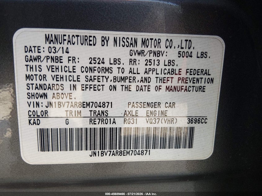 2014 Infiniti Q50 Sport VIN: JN1BV7AR8EM704871 Lot: 45689466