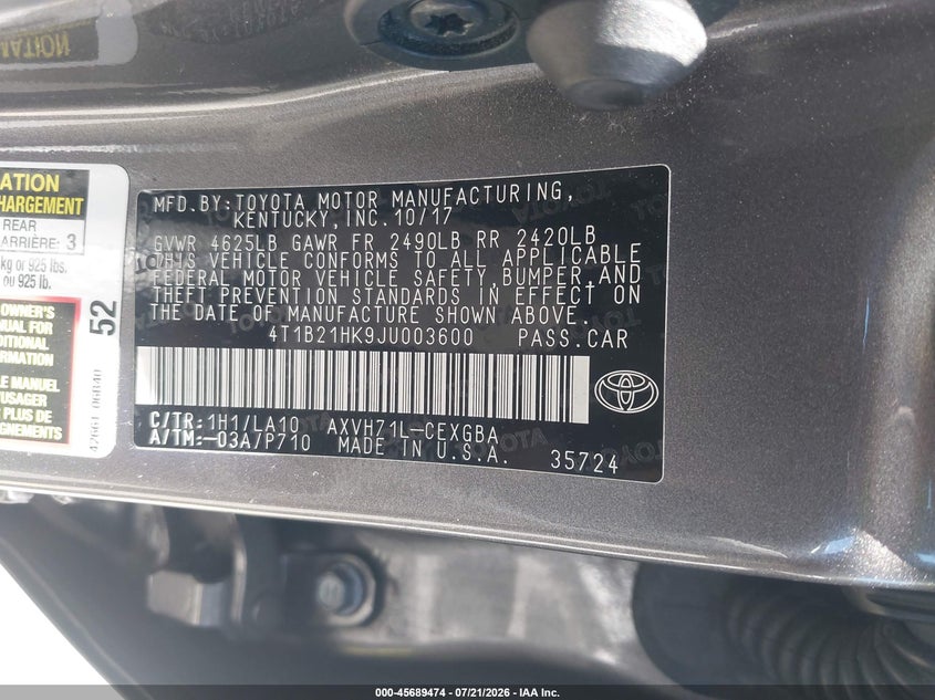 2018 Toyota Camry Hybrid Xle VIN: 4T1B21HK9JU003600 Lot: 45689474
