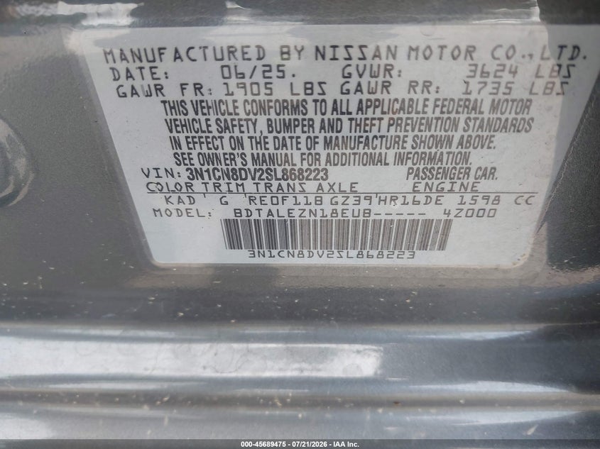 2025 Nissan Versa 1.6 S VIN: 3N1CN8DV2SL868223 Lot: 45689475