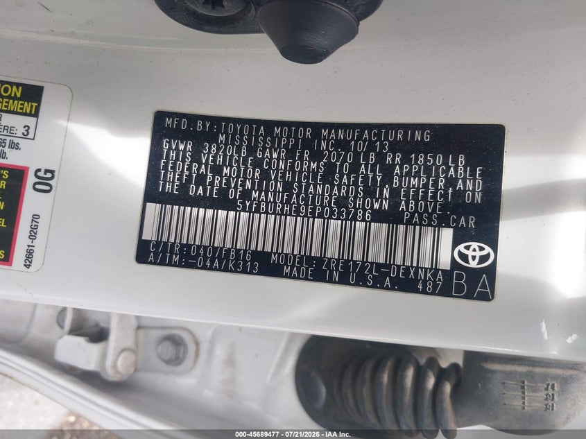 2014 Toyota Corolla Le Plus VIN: 5YFBURHE9EP033786 Lot: 45689477
