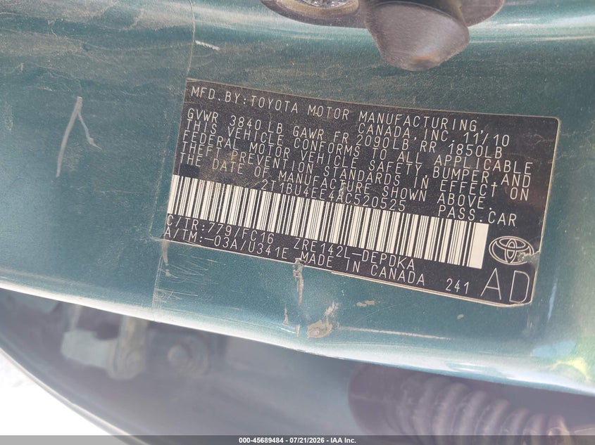 2010 Toyota Corolla Le VIN: 2T1BU4EE4AC520525 Lot: 45689484