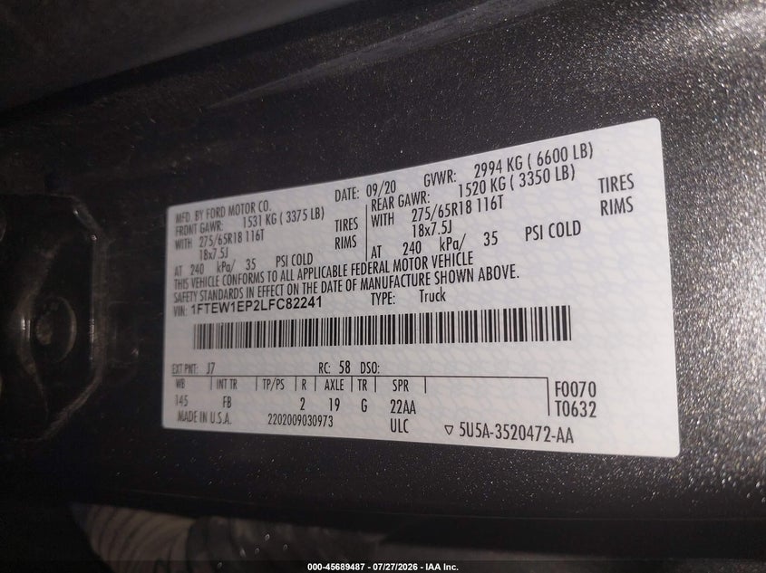 FORD F-150 2020 VIN 1FTEW1EP2LFC82241