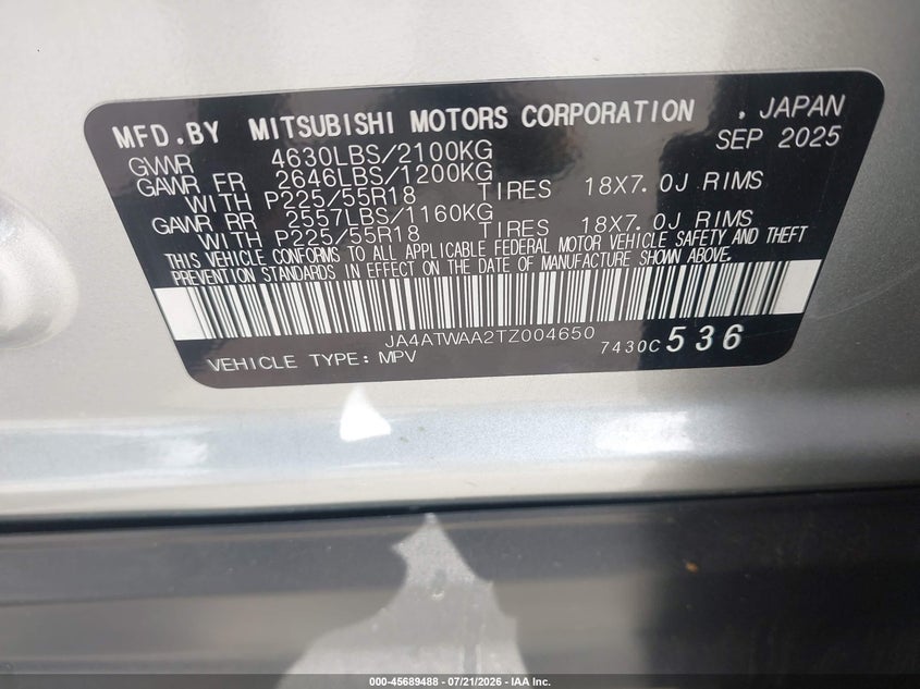 2026 Mitsubishi Eclipse Cross Black Edition S-Awc/Se S-Awc/Sel S-Awc VIN: JA4ATWAA2TZ004650 Lot: 45689488