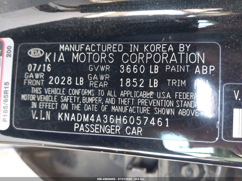 2017 Kia Rio Lx VIN: KNADM4A36H6057461 Lot: 45689489