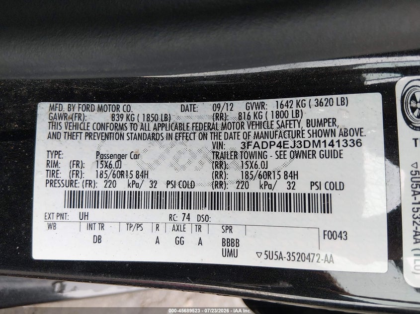 FORD FIESTA 2013 VIN 3FADP4EJ3DM141336