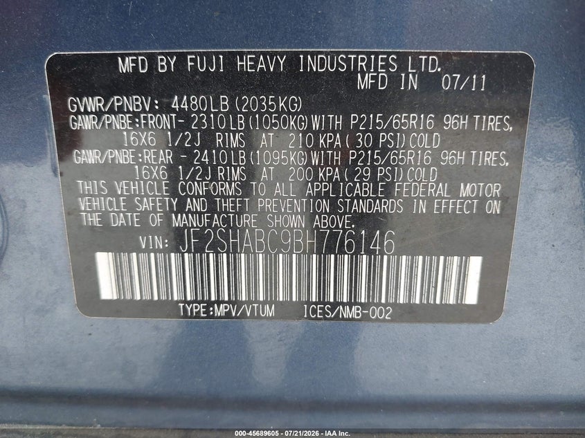 2011 Subaru Forester 2.5X VIN: JF2SHABC9BH776146 Lot: 45689605