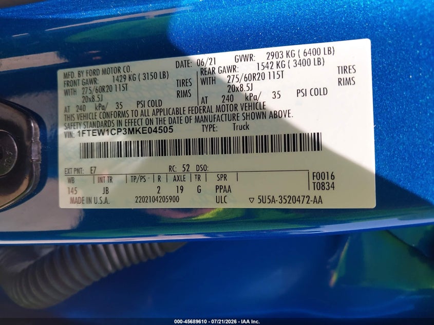 2021 Ford F-150 Xl VIN: 1FTEW1CP3MKE04505 Lot: 45689610