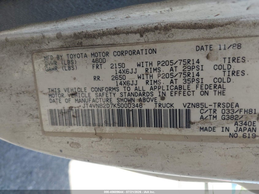 1989 Toyota Pickup 1/2 Ton Lng Wheelbase Dlx VIN: JT4VN82D7K5000346 Lot: 45689644