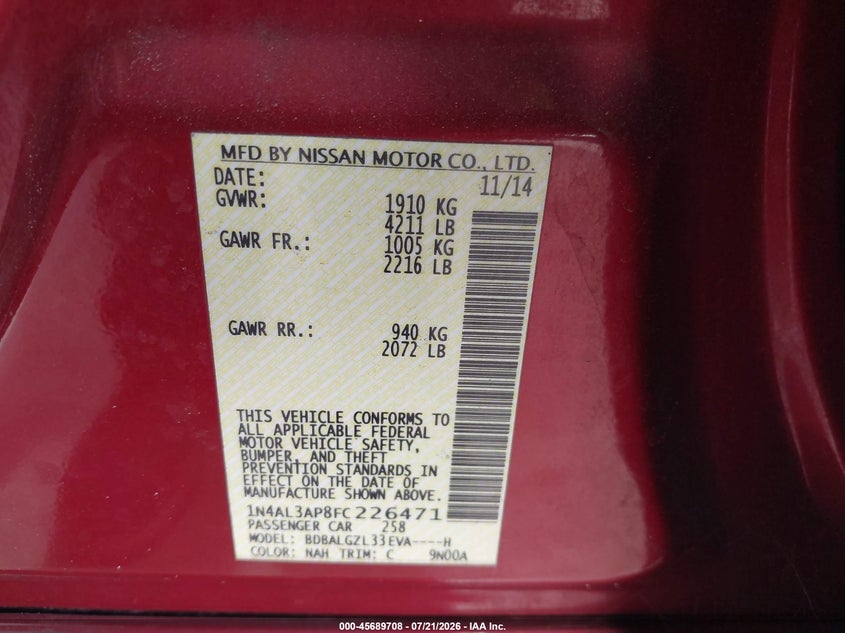 2015 Nissan Altima 2.5 S VIN: 1N4AL3AP8FC226471 Lot: 45689708
