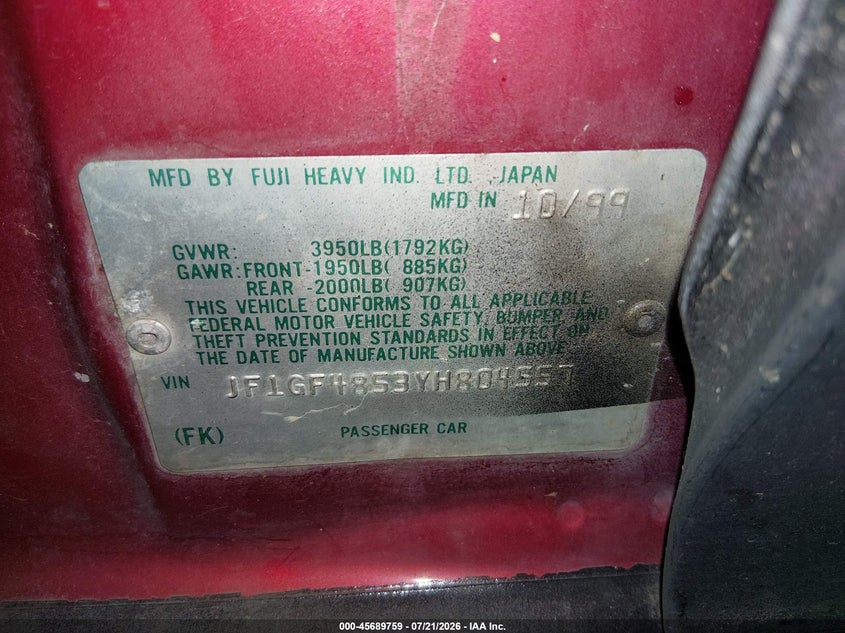 2000 Subaru Outback VIN: JF1GF4853YH804557 Lot: 45689759