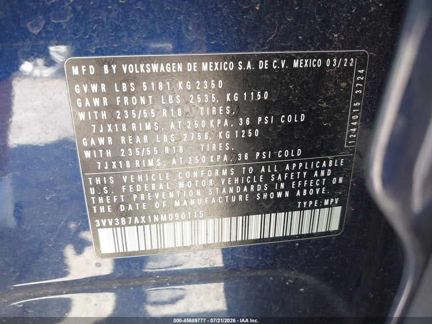 2022 Volkswagen Tiguan 2.0T Se VIN: 3VV3B7AX1NM090115 Lot: 45689777