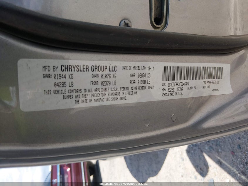 2015 Dodge Dart Se VIN: 1C3CDFAA3FD146474 Lot: 45689792