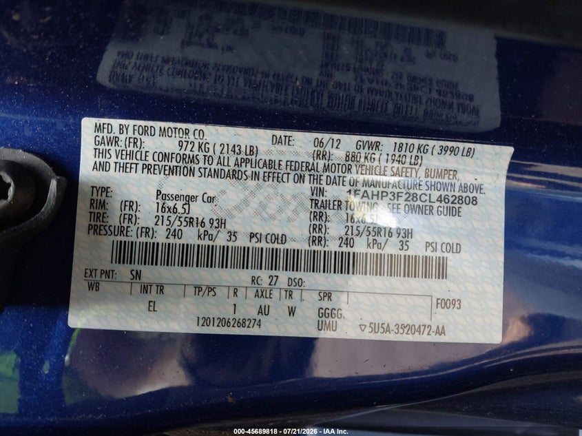 2012 Ford Focus Se VIN: 1FAHP3F28CL462808 Lot: 45689818