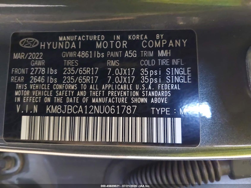 2022 Hyundai Tucson Hybrid Blue VIN: KM8JBCA12NU061787 Lot: 45689821