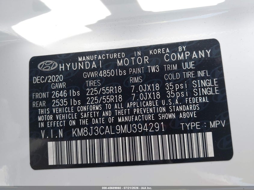 2021 Hyundai Tucson Ultimate VIN: KM8J3CAL9MU394291 Lot: 45689860